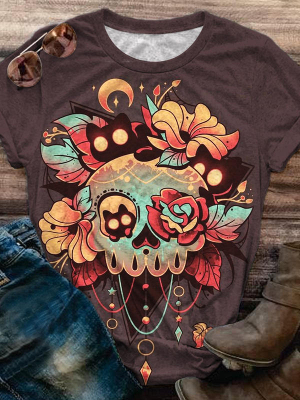 Floral Skull Print T-Shirt
