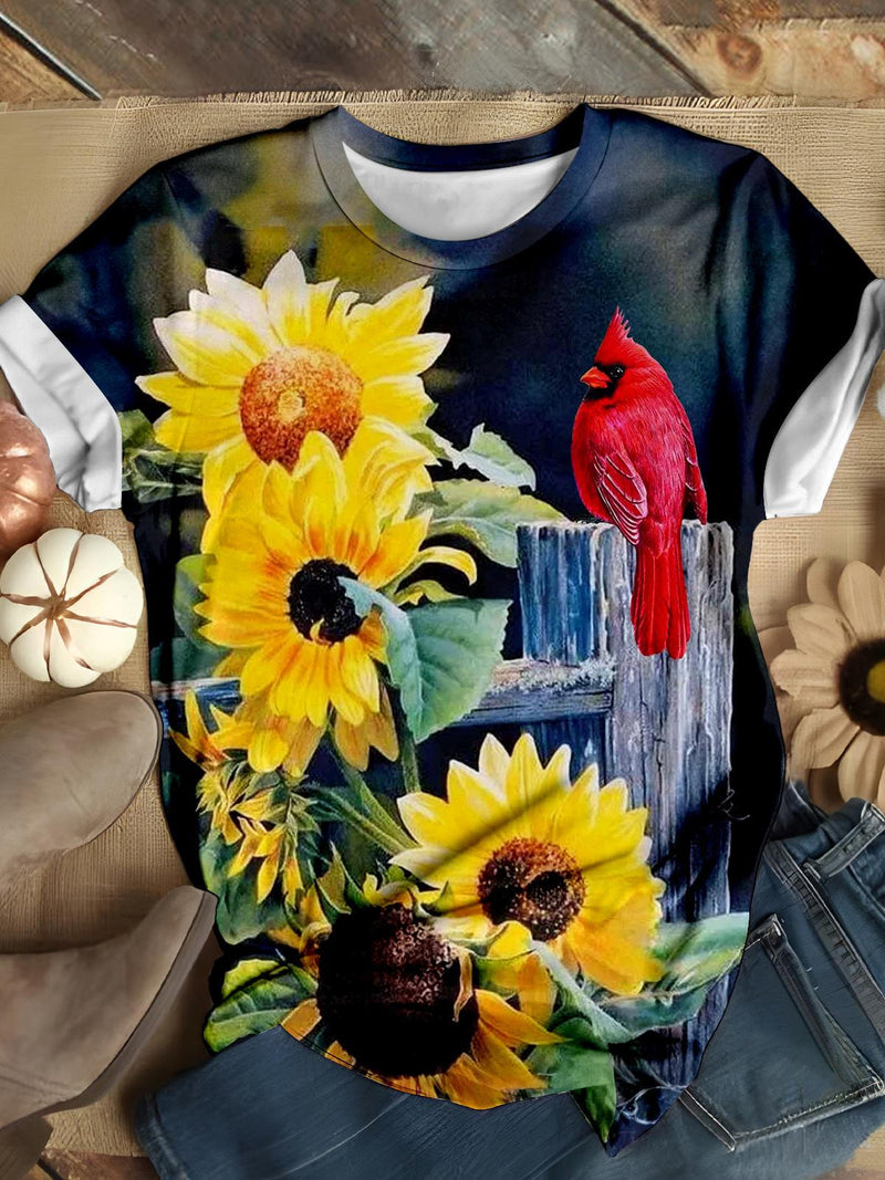 Sunflower Cardinals Printed Casual T-shirt