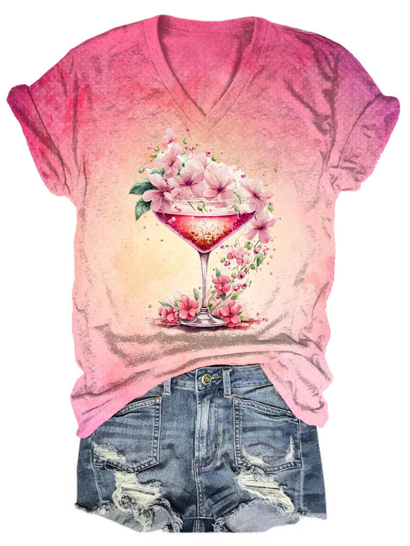 Women's Floral Wine Glass Print Top