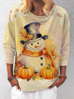 Vintage Pumpkin Snowman Print Long Sleeve Top