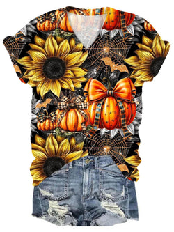 Women's Halloween Sunflower Pumpkin Print V-Neck Top