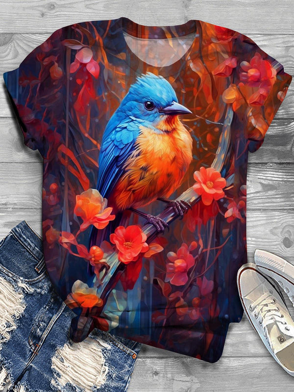 Bird Flower Crew Neck T-Shirt