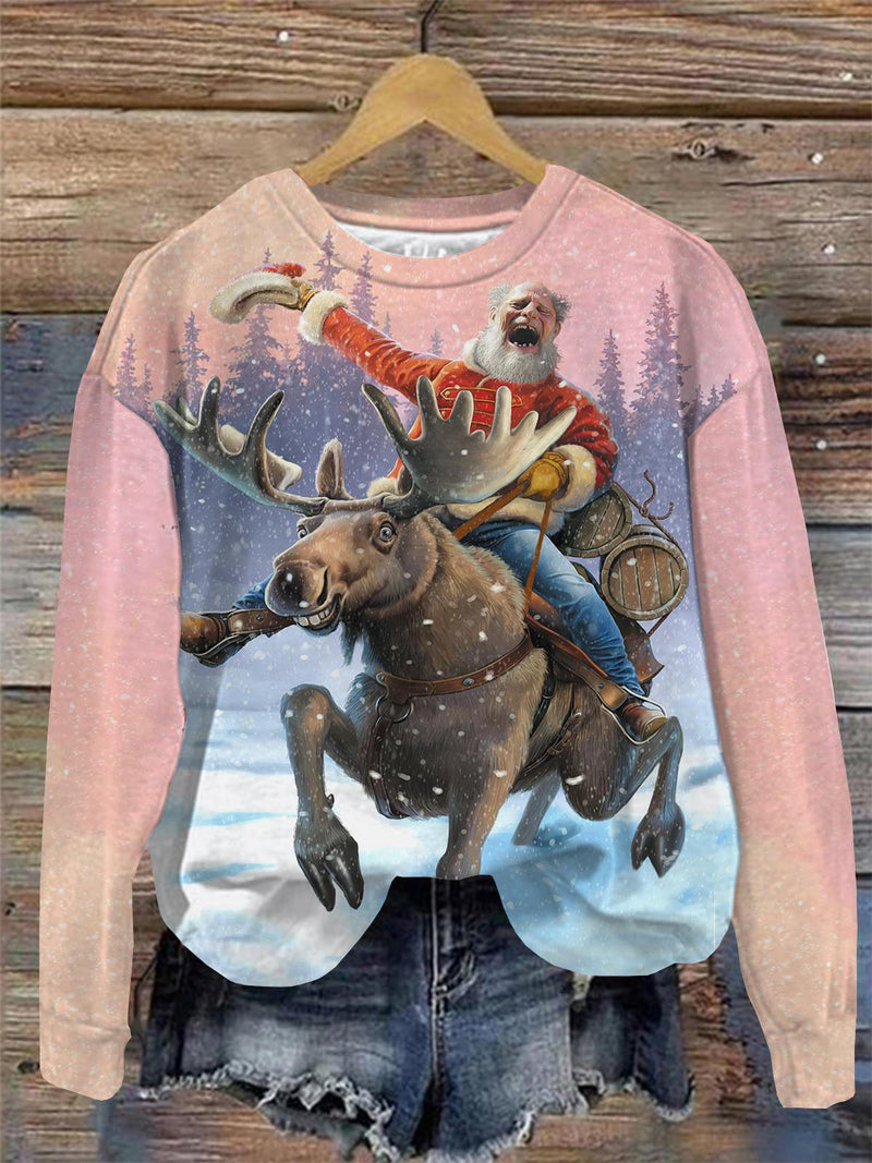 Deer And Santa Print Round Neck Long Sleeve Top