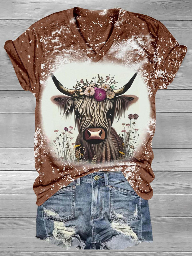 Tie Dye Cow Flower V-Neck T-Shirt