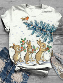 Christmas Tree Fun Bunny Print Crew Neck Tee