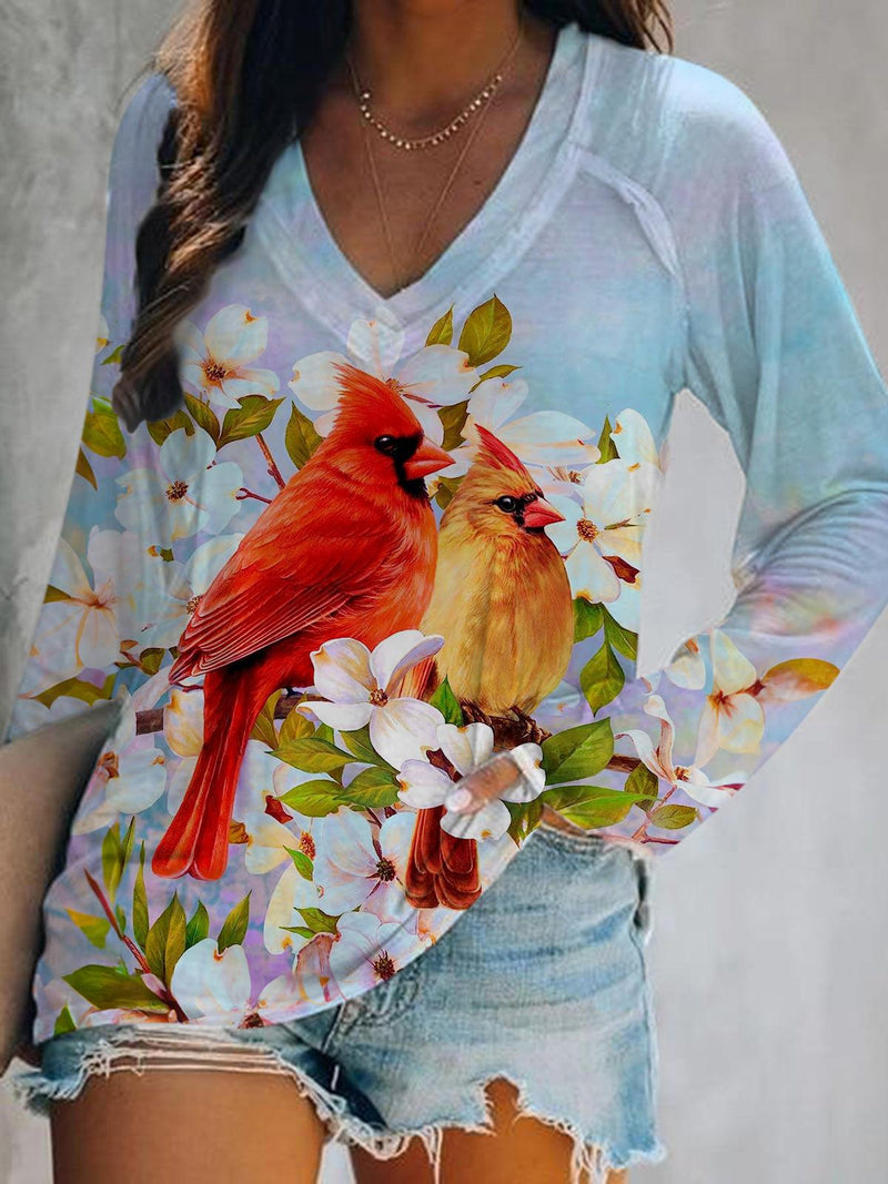 Cardinal On Dogwood Flowers Print V-Neck Long Sleeve Top