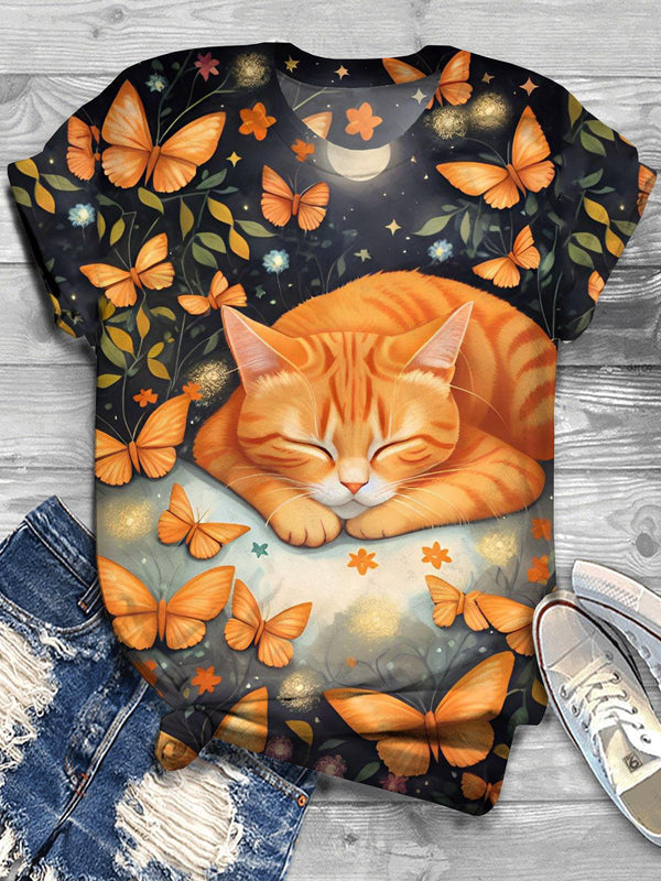 Butterfly Cat Print Crew Neck T-shirt