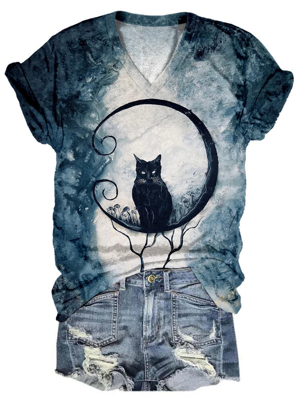 Cat In The Moon V-Neck Printed T-Shirt